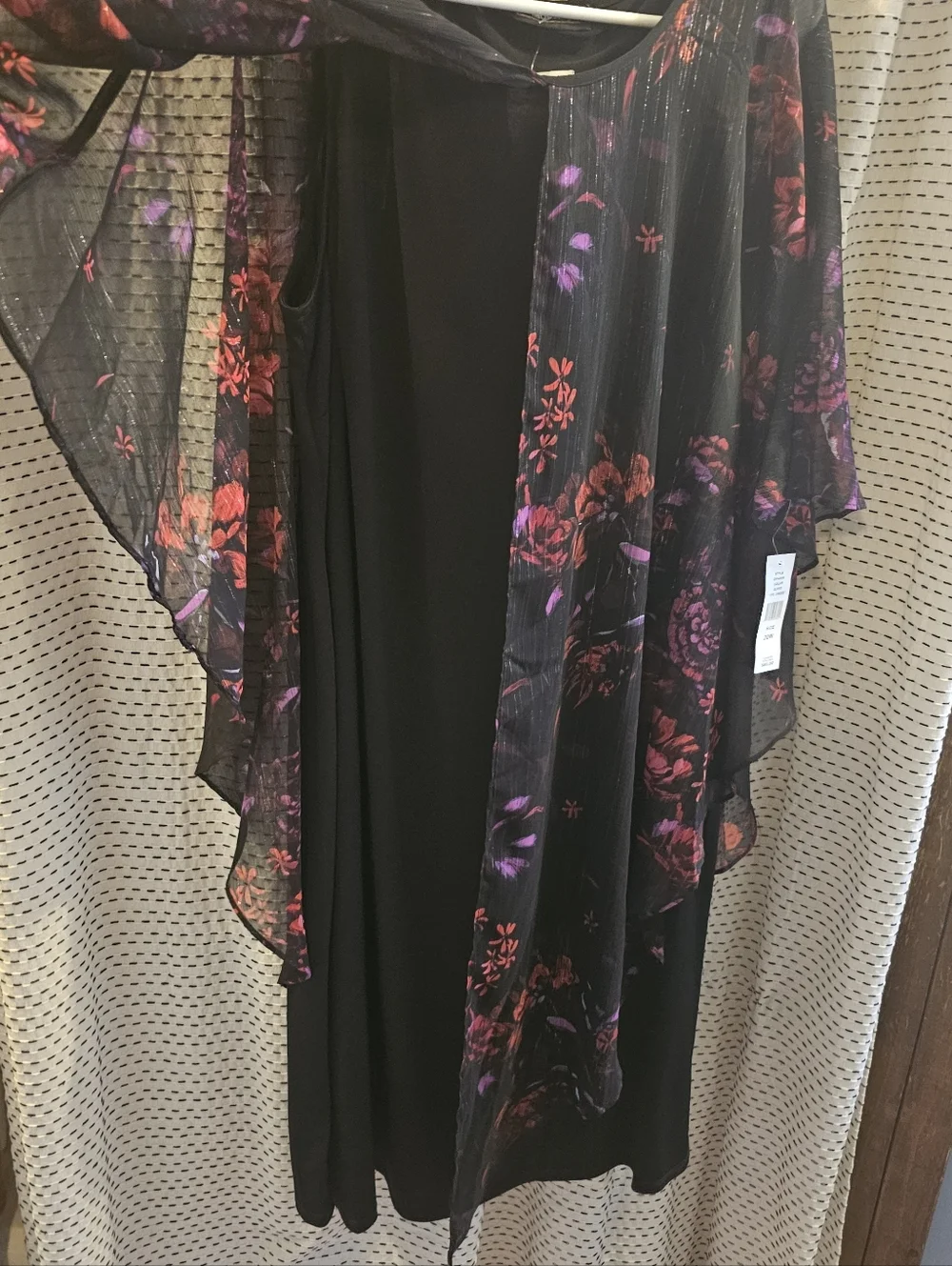 Elegant Black Maxi Dress with Red & Purple Floral Overlay - Picture 2 of 8